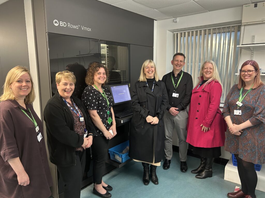 From left to right: Venessa Echanique, Deputy Chief Pharmacist, Gillian Findley, Group Chief Nurse and Professional Lead for Midwifery and AHPs and Deputy Chief Executive, Claire Lewis, Senior Pharmacy Technician - Medicines Systems, Trudie Davies, Group Chief Executive, Mark Thomas, Chief Pharmacist, Joanne Halliwell, Group Chief Operating Officer, Lynsey Curry, Lead Clinical Pharmacist - Surgery BU and Digital