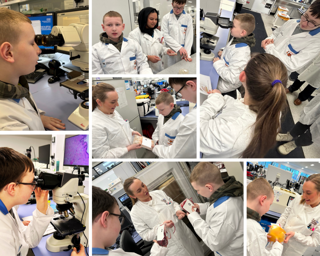 A montage of photos featuring staff and visitors to the pathology labs.