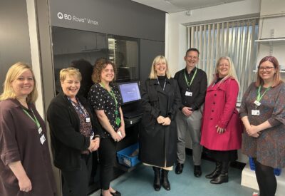 From left to right: Venessa Echanique, Deputy Chief Pharmacist, Gillian Findley, Group Chief Nurse and Professional Lead for Midwifery and AHPs and Deputy Chief Executive, Claire Lewis, Senior Pharmacy Technician - Medicines Systems, Trudie Davies, Group Chief Executive, Mark Thomas, Chief Pharmacist, Joanne Halliwell, Group Chief Operating Officer, Lynsey Curry, Lead Clinical Pharmacist - Surgery BU and Digital